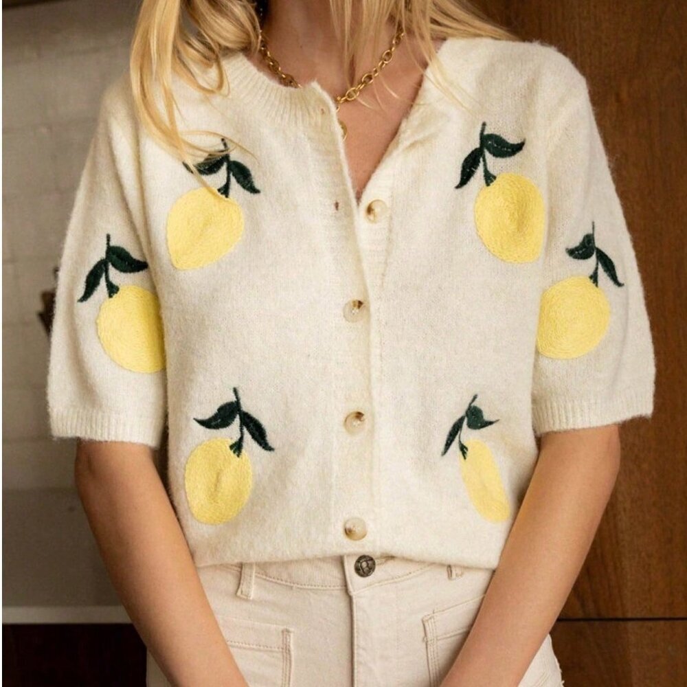 Beige Casual Women's Knit Crew Neck Cardigan with Lemon Embroidery - Picture 6 of 6